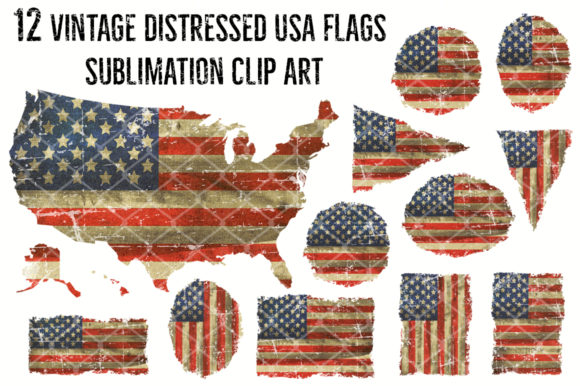 12 Vintage Distress US Flag Sublimation Graphics for Crafts