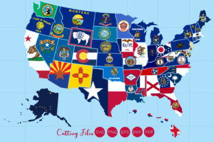 All 50 US States Map with Flag Design: Graphics for Crafts
